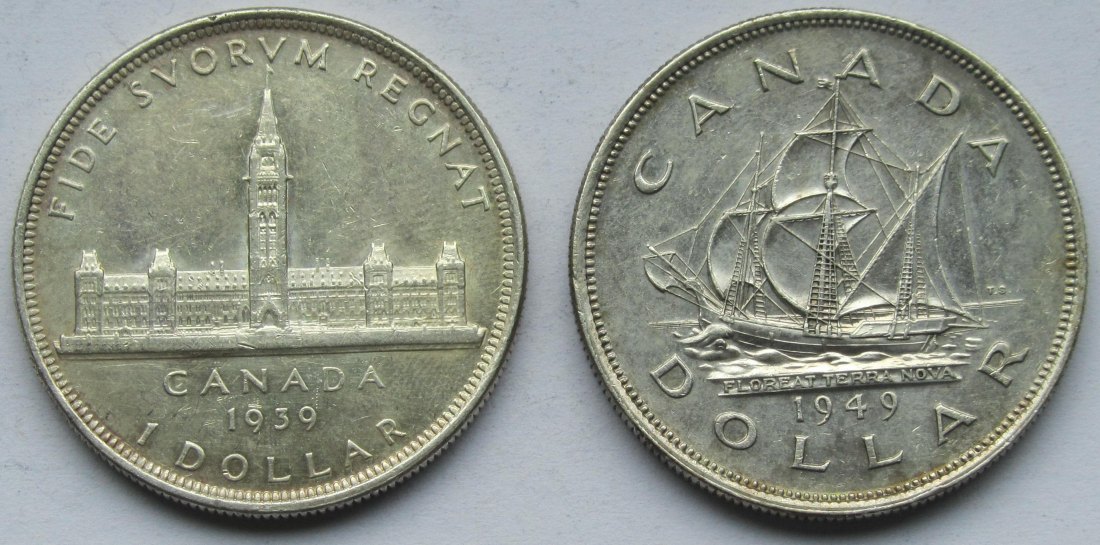  Kanada: Drei Silberdollars 1939 + 1949, zusammen 37,3 g Feinsilber   