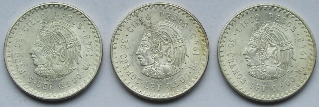  Mexiko: 3 x 5 Pesos Cuauhtemoc 1948, zusammen 81 g Feinsilber   