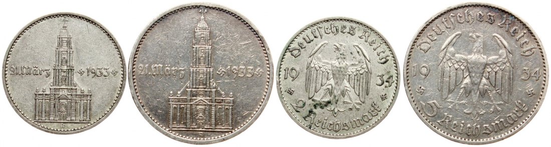  Drittes Reich: Lot von 2 Mark und 5 Mark, Garnisonskirche mit Datum, 1934 A, siehe Bilder!   