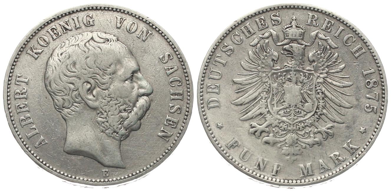  Sachsen: Albert, 5 Mark 1875 E, Silber, siehe Bilder!   