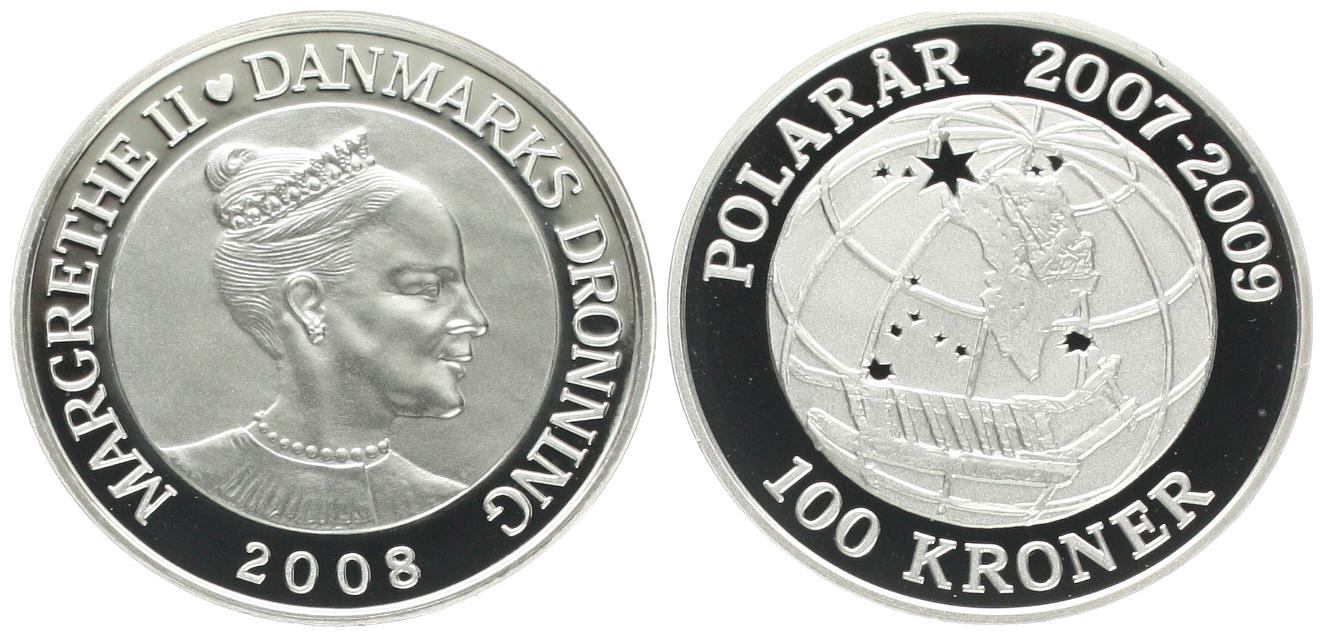  Dänemark: Margrethe II., 100 Kroner 2008 Polarjahr, 1 Unze Feinsilber, 31,1 gr., pp!   