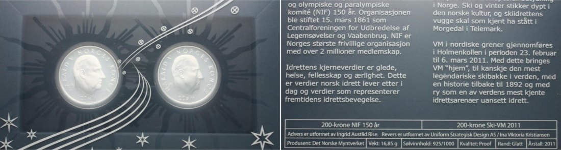  Norwegen: Harald V. 2 x 200 Kroner 2011, Lot mit 2 x 1/2 Unze Silber, selten, in Doppelkasette! pp   