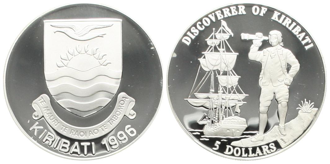  Kiribati: 5 Dollars 1996 aud die Entdeckung, 31,47 gr. 925er Silber, ø = 39 mm, pp   