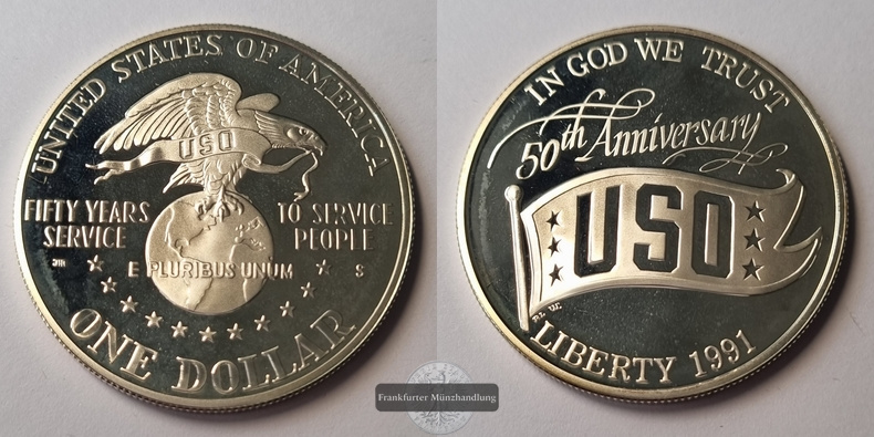  USA  1 Dollar   1991 S    USO 50th Anniversary    FM-Frankfurt   Feinsilber: 24,06g   