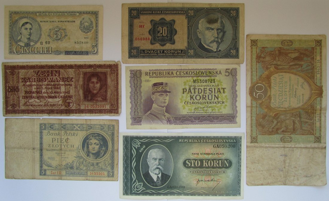  Osteuropa: Lot aus sieben verschiedenen älteren Banknoten   