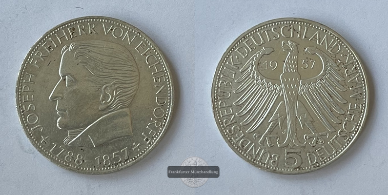  Deutschland 5 Mark 1957 J Joseph Freiherr von Eichendorff J#391  FM-Frankfurt  Feinsilber: 7g   