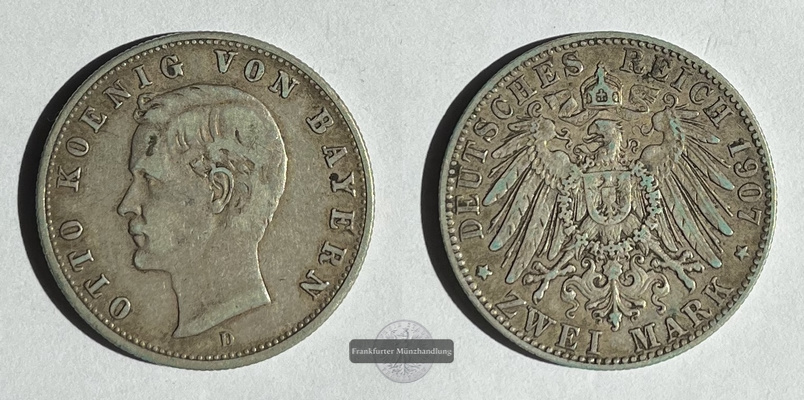  Deutsches Kaiserreich Bayern Otto 2 Mark 1907 D J#45 FM-Frankfurt Feinsilber: 10g   