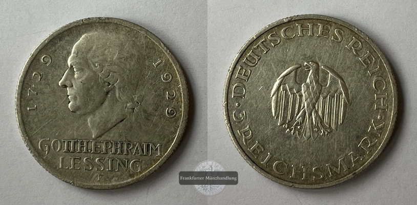  Deutschland  Weimarer Republik 3 Reichsmark 1929 F Lessing J#335  FM-Frankfurt  Feinsilber: 7,5g   