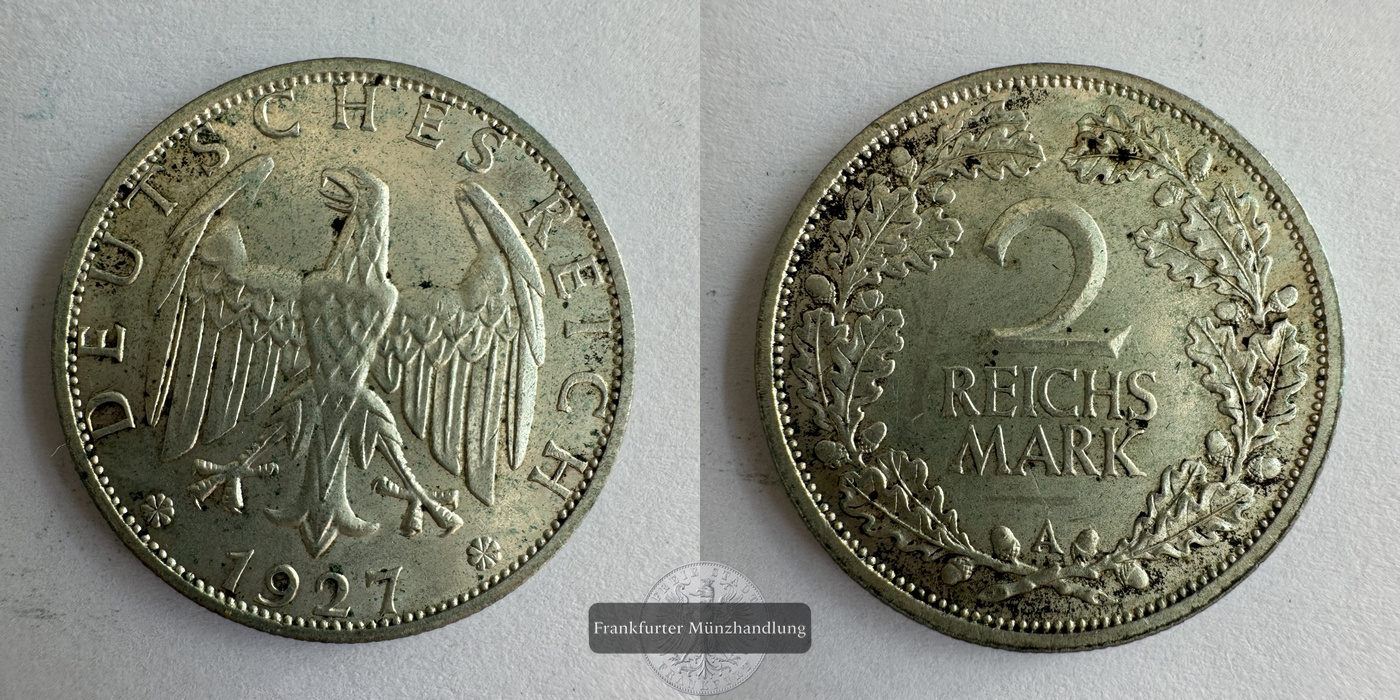  Deutschland, Weimarer Republik  2 Reichsmark 1927 A  FM-Frankfurt KM#45 Feinsilber: 5g   