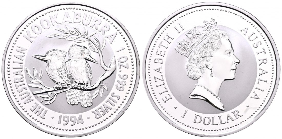 PEUS 2653 Australien 31,1 g Feinsilber. Zwei Kookaburra auf Ast Dollar SILBER Unze 1994 Uncirculated