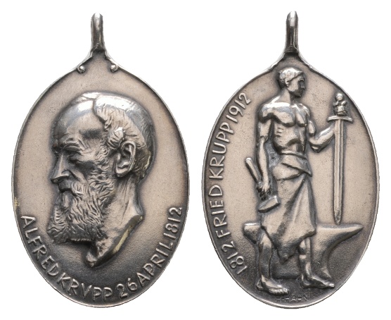  Alfred Krupp - Fried Krupp; tragbare, versilberte Medaille 1912; 38,01 g; 62,5 x 37,5 mm   