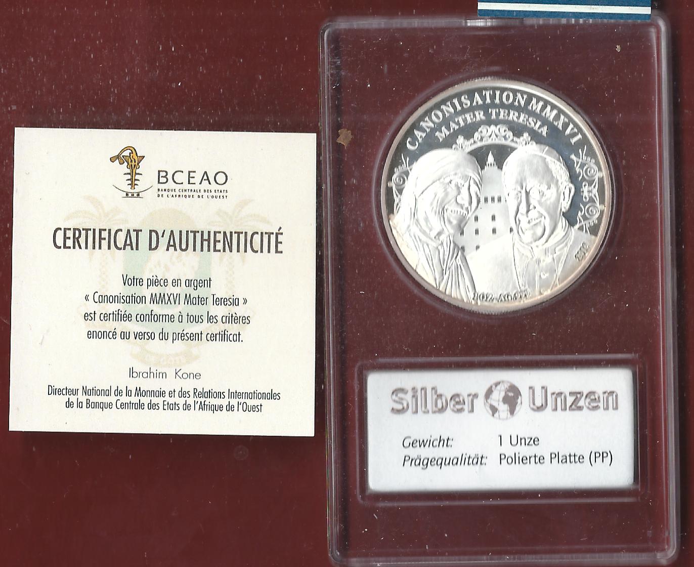  Welt Silberunzen 1000 F. Elfenbeinküste 2016 Proof Münzenankauf Koblenz Frank Maurer AI626   
