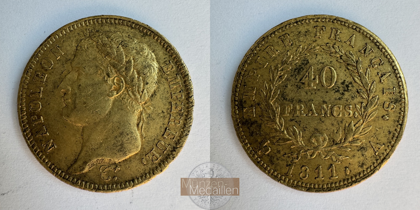 Frankreich, Napolèon I. 1803-1815 KM#696 Feingewicht: 11,62g 40 Francs 1811 A MM-Frankfurt