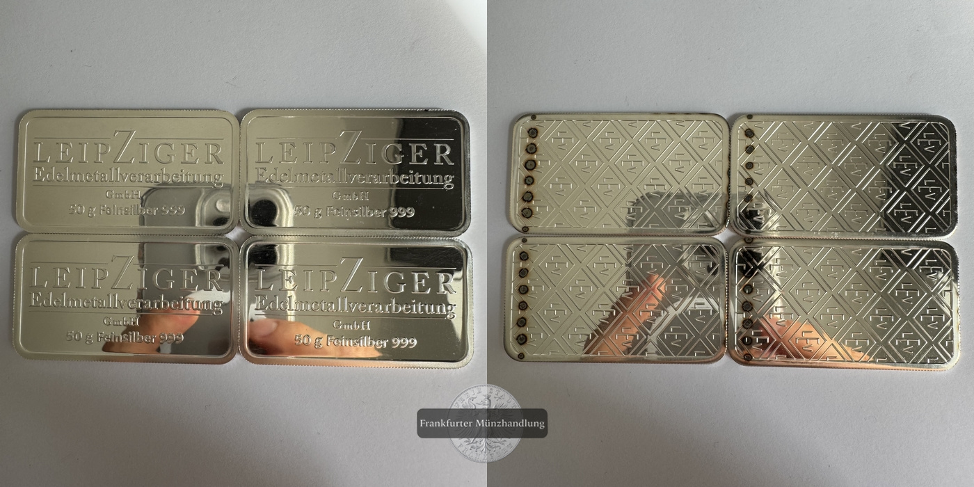  Deutschland. Silberbarren Leipziger Edelmetallverarbeitung 4x 50g FM-Frankfurt Feingewicht: 200g   