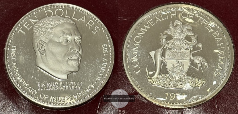  Bahamas - 10 Dollar  1974 1. Jahrestag der Unabhängigkeit KM#68a FM-Frankfurt  Feingewicht: 46,6g   