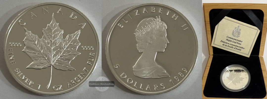  Kanada - 5 Dollar  1989  Kanadisches Ahornblatt KM#163  FM-Frankfurt   Feinsilber: 31,1g   
