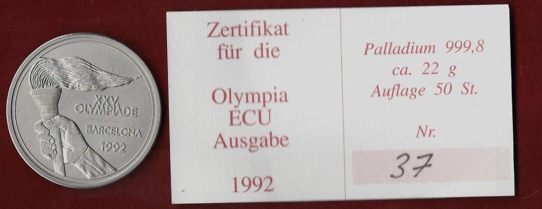  Olympia Barcelona ECU 22,16 Gr.99,99 Gr.Palladium Münzenankauf Koblenz Frank Maurer AJ919   