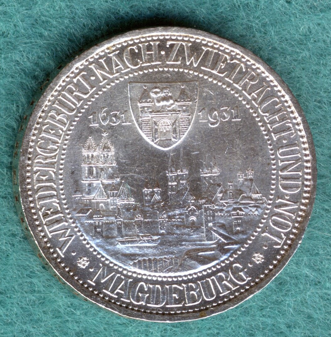  Weimarer Republik, 3 Reichsmark 1931 A, Magdeburg   