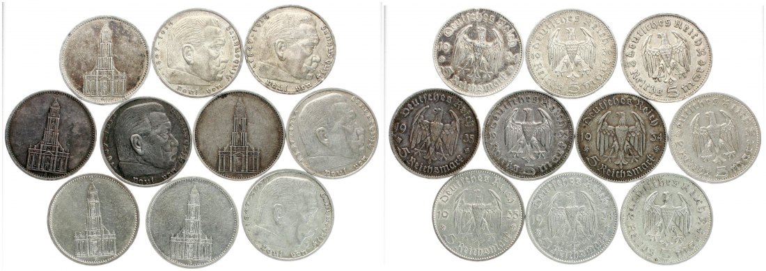  Deutschland, III. Reich. Lot von 10 x 5 Mark, 133,8 gr. brutto, 125,00 gr. FEINsilber!!   