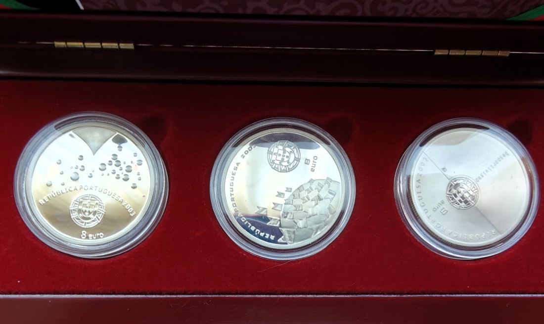  PORTUGAL 3 x 8 Euro UEFA 2004 - 3 Oz .925 Silber Proof mit Holzetui und CoA 86,3g fein PP   