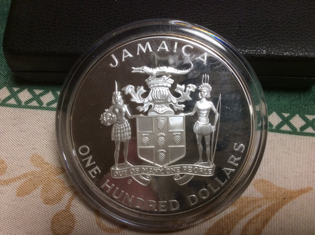  Jamaika 100 Dollars 1986 Fußball WM Mexiko 136g 925er Silber in PP   