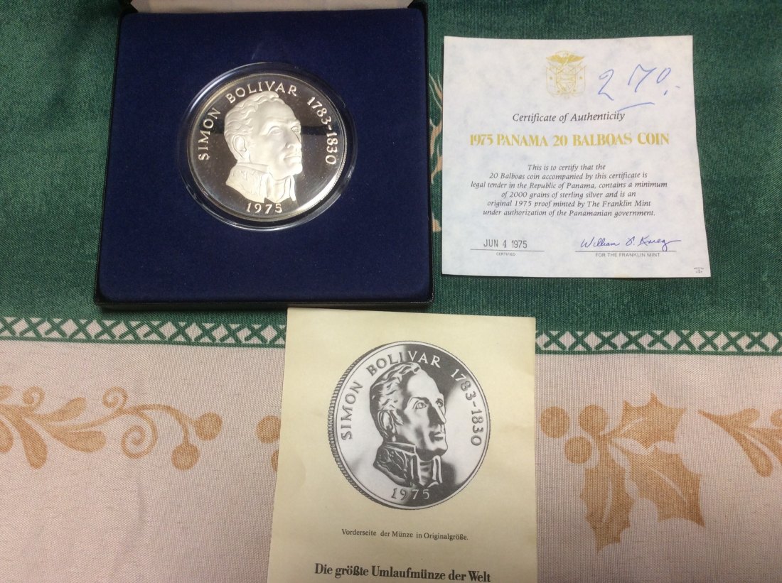  Panama 20 Balboas 1975 129,59g 925er Silber in PP, ehemals größte Umlaufmünze in Silber   