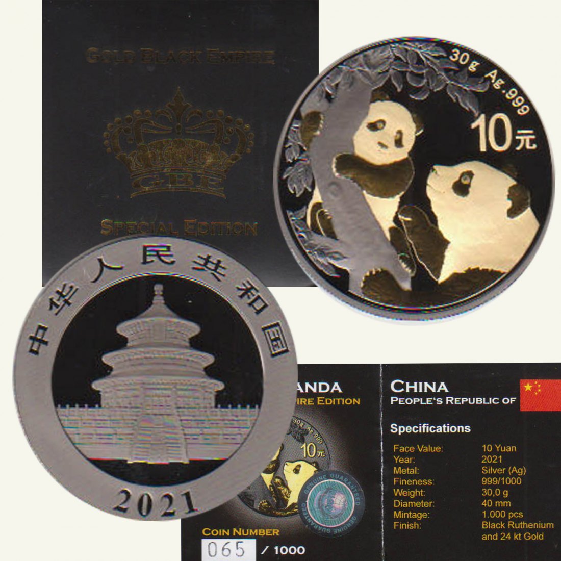  Offiz. 10-Yuan-Silbermünze China *Gold Black Ruthenium* 2021 30g Silber nur 1.000!!!   