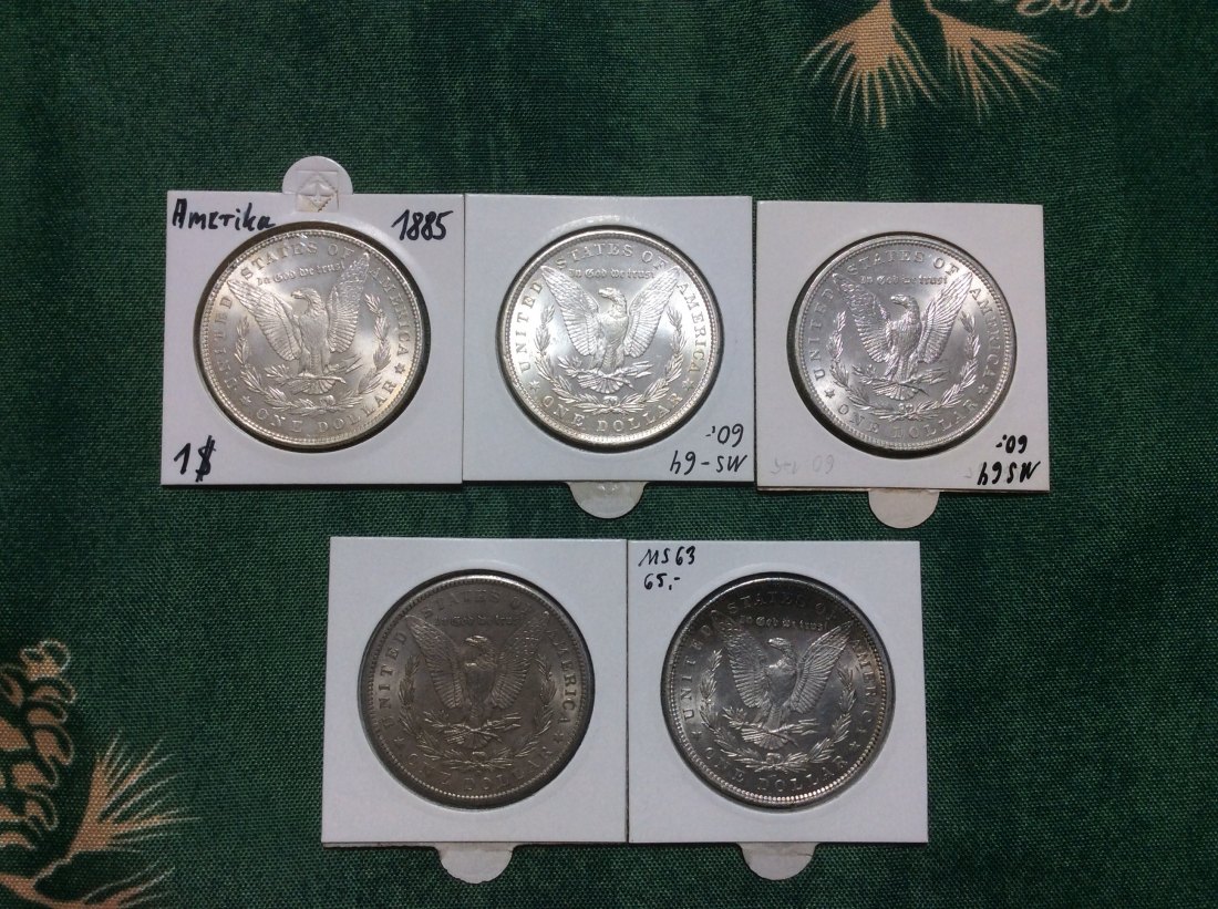  USA Lot Silber Morgan Dollar 1885, 1887, 1896, 1898o, 1890 in sehr guter Erhaltung   