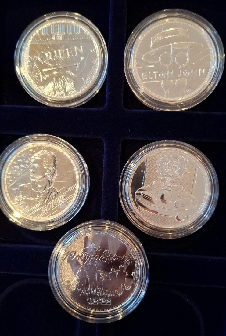  Großbritannien 5 x 1 oz Silber 2 Pounds Musiklegenden Queen,Elton John,Bowie,Who,Rolling Stones   