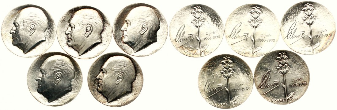  Norwegen: Olav V., Lot von 5 x 100 Kroner 1978, schöne Patina, näheres unten, TOP-EXEMPLARE!   