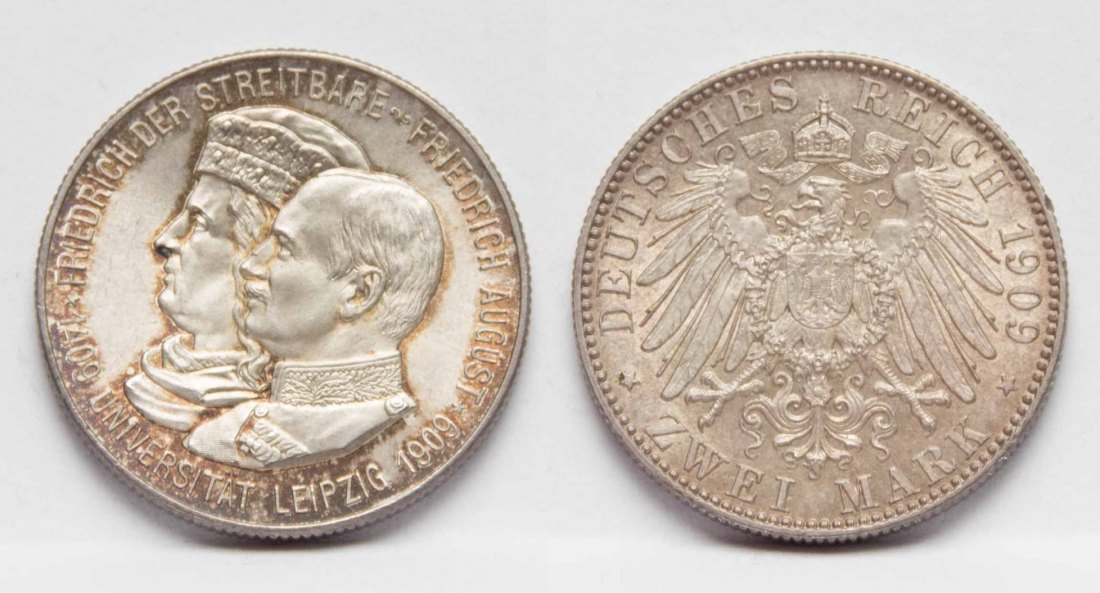  Kaiserreich Sachsen 2 Mark 1909 E König Friedrich-August III. Uni Leipzig fast stgl. schöne Tönung   