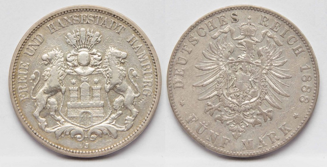  Kaiserreich Hamburg 5 Mark 1888 Seltener Jahrgang!! Freie und Hansestadt vz.   