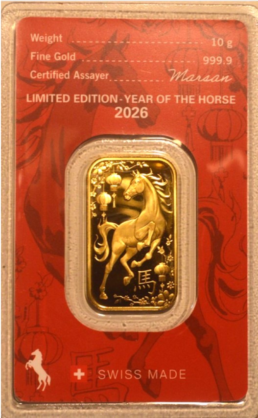  -kirofa - Schweiz - Baren Gold 10 g.9999 - YEAR OF THE HORSE 2026 .ARGOR-HERAEUS. LTD EDITION.   