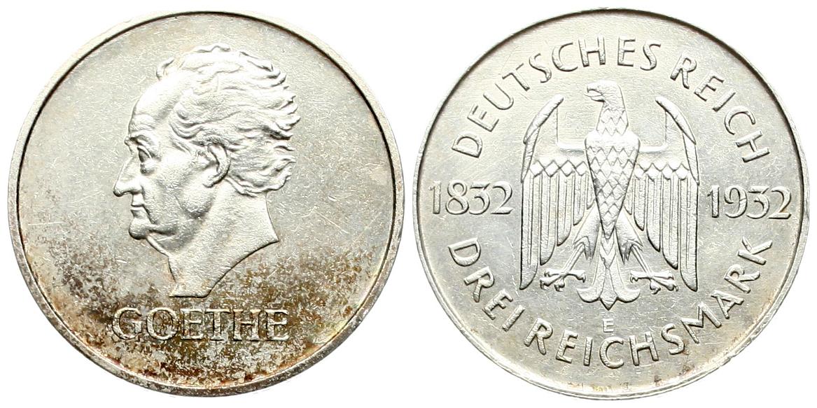  Weimarer Repuplik: 3 Mark 1932 A, Johann Wolfgang von Goethe, vz   