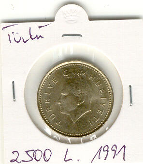  Türkei, 2500 Lira 1991, Krause-Mishler 1015, Erhaltung um vorzüglich   