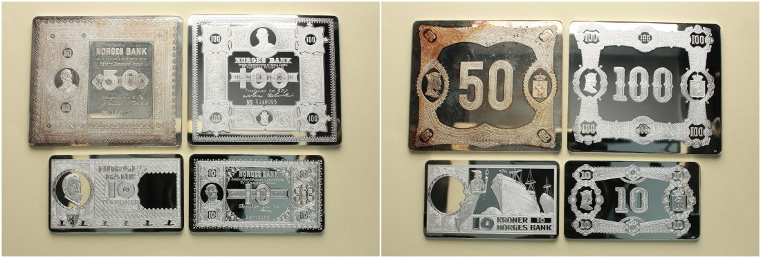  Norwegen: 4 Banknoten in Feinsilberprägung (gestempelt 999) Gewicht: 329 Gramm reines Silber!   