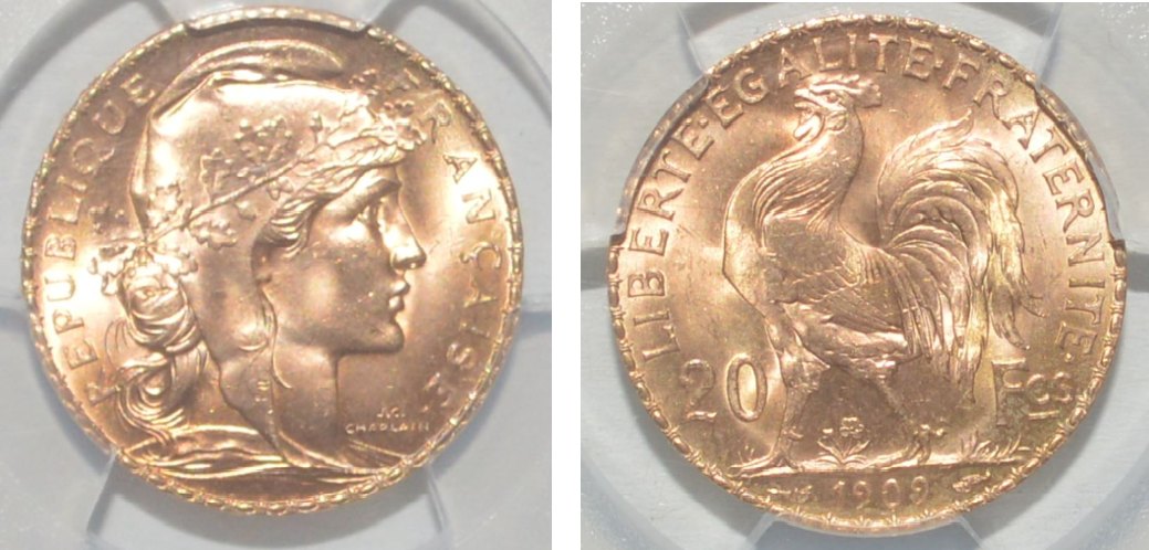  -Kirofa - FRANKREICH 20 GOLD FRANCS - MARIANNE 1909 - PCGS MS 66 - Gold 90% -   