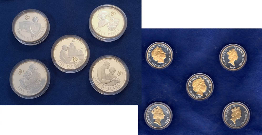  Numismatisches Schmankerl: 5x Gedenkmünze 80.Geburtstag der Queen 2006 -pP.- 130,8gr. Silber gilded   