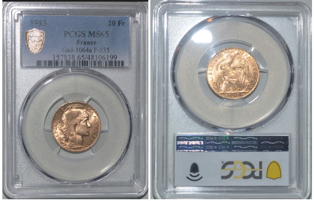 FRANKREICH 20 GOLD FRANCS - MARIANNE 1913 - PCGS MS 65   