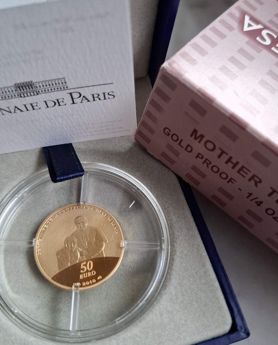  Frankreich 1/4 oz Gold 50 Euro 2010 proof pp Mutter Teresa in OVP, Auflage 1.000   