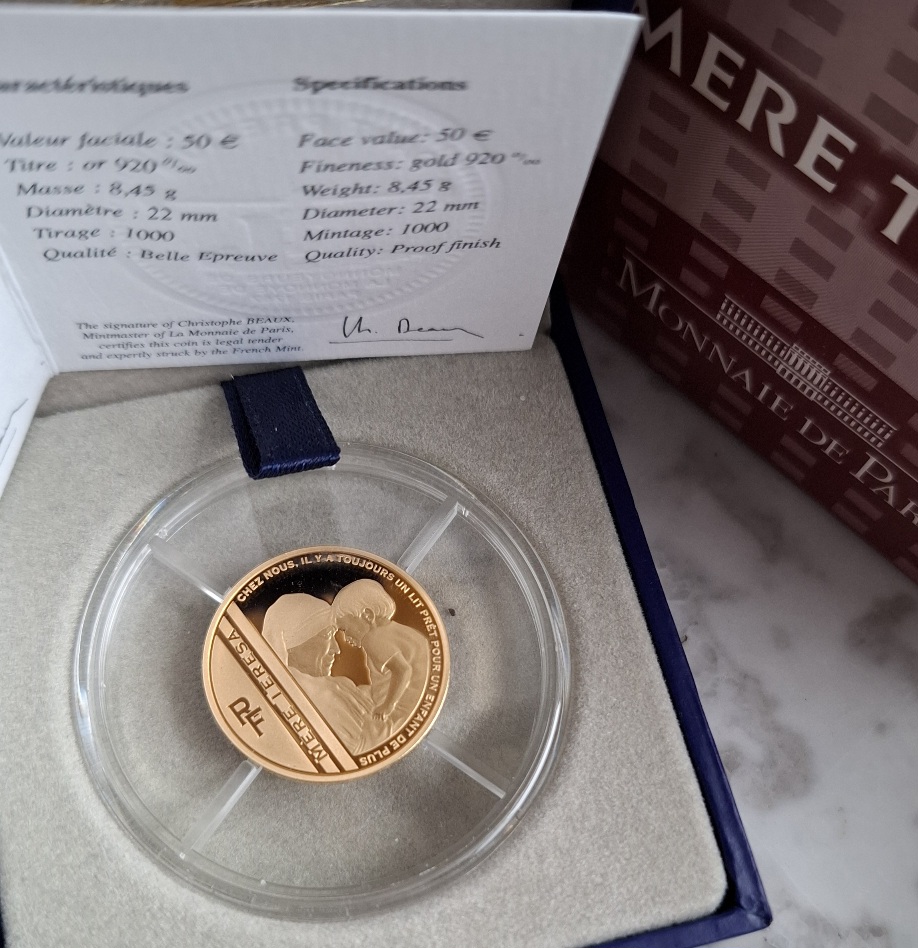  Frankreich 1/4 oz Gold 50 Euro 2010 proof pp Mutter Teresa in OVP, Auflage 1.000   