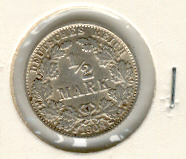  Kaiserreich, 1/2 Mark 1908 J, Silber, guter Jahrgang, nicht häufig, sehr schön   