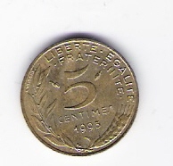  Frankreich 5 Centimes Al-N-Bro 1993   Schön Nr.228   