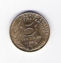  Frankreich 5 Centimes Al-N-Bro 1987   Schön Nr.228   