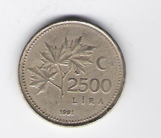  Türkei 2500 Lira K-N-Zk 1991         Schön Nr.B235   