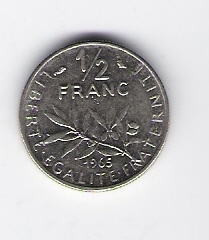  Frankreich 1/2 Francs 1965 N  Schön Nr.232   