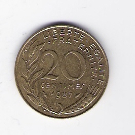  Frankreich 20 Centimes Al-N-Bro 1987  Schön Nr.230   