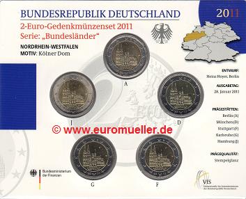 Deutschland ...2 Euro Gedenkmünzenset 2011...NRW...alle 5...bu.   