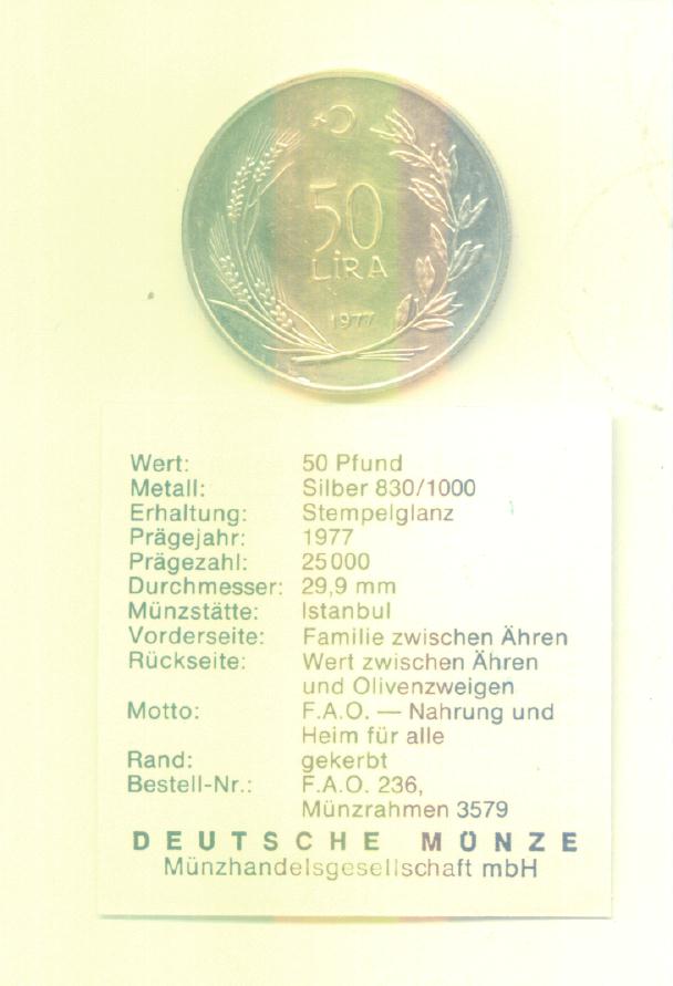  50 Lira  Türkei 1977(FAO)(Silber 8,85g)   