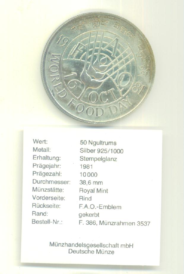  50 Ngultrum Bhutan 1981 (FAO)(Silber 28,28 g)   